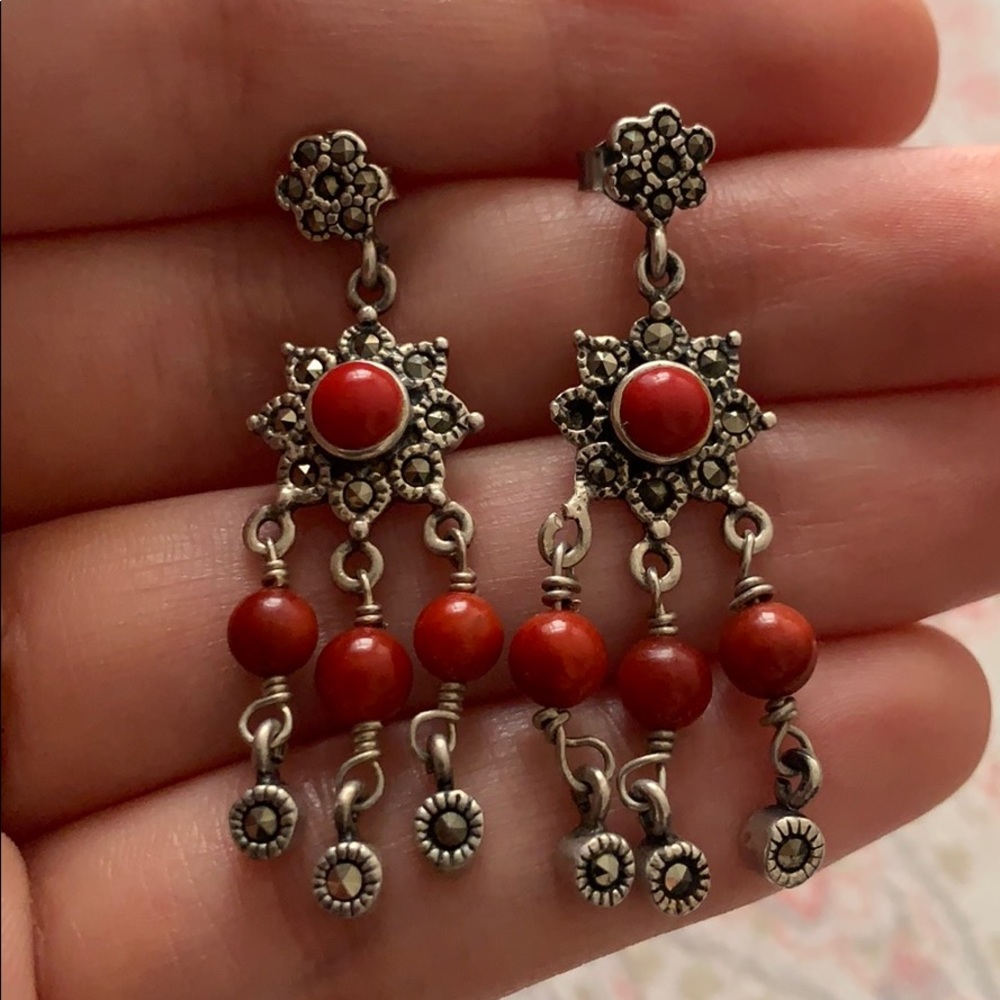 Real Victorian Coral Pyrite Sterling Earrings